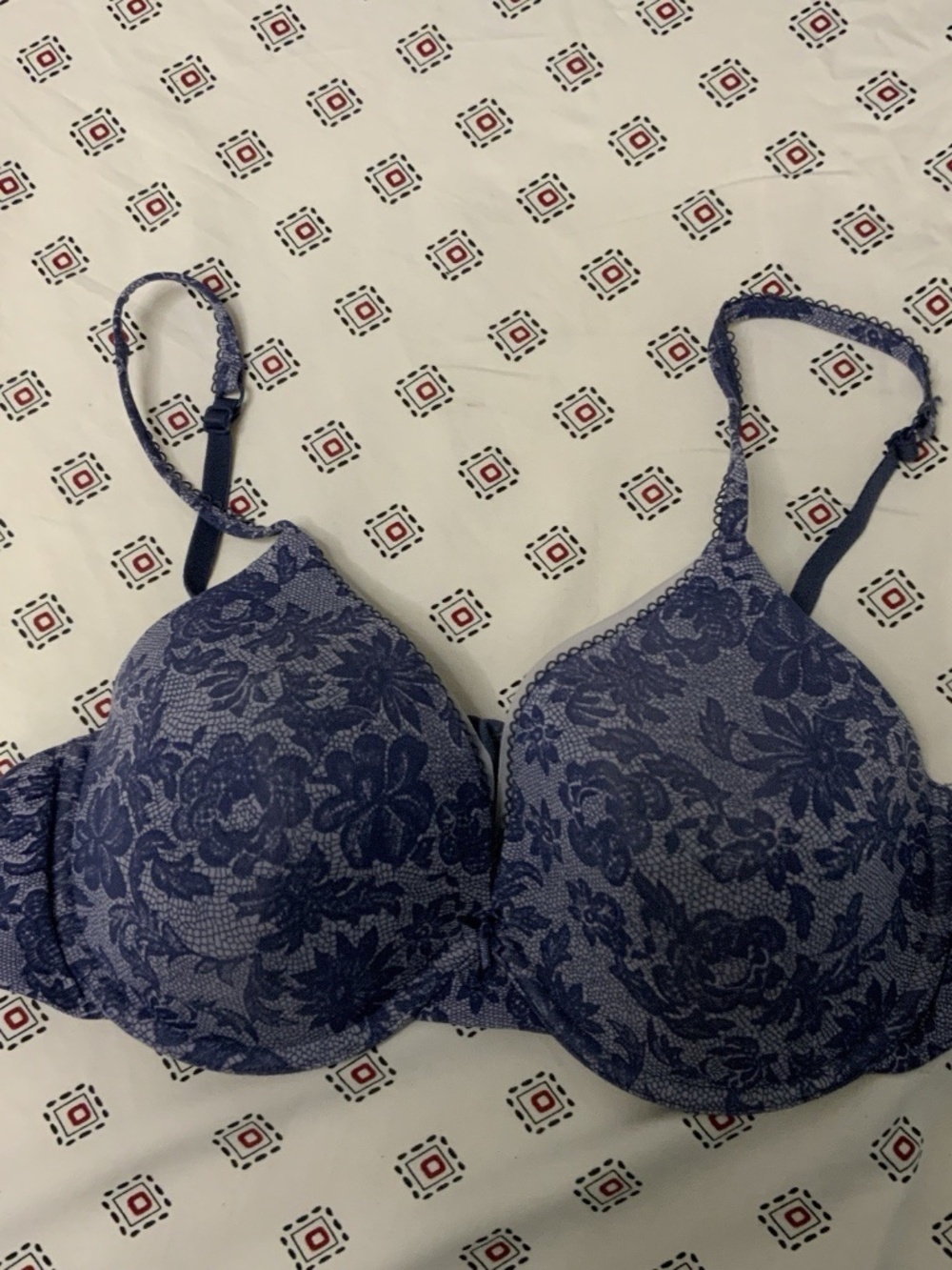 Women's Padded Navy Blue Bra Underwear Floral 38C Full Cup Hook Eye